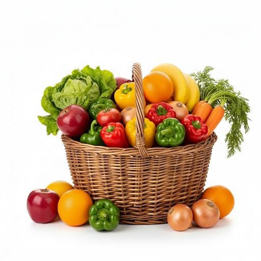 Canasta con frutas y verduras frescas.